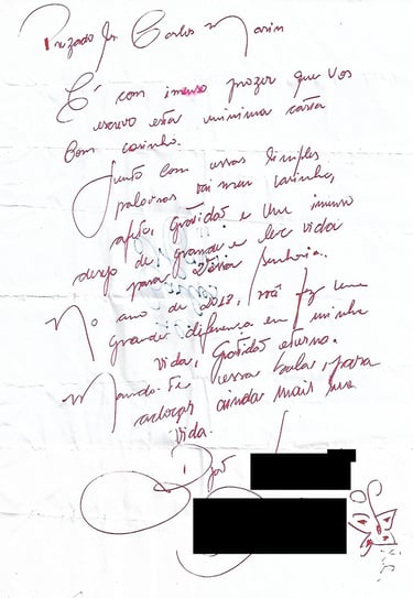 Carta manuscrita relatando depoimento da experiência positiva em psicoterapia terapeuta Carlos Marin