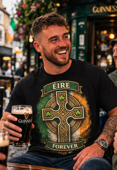 A smiling man wearing an Eire Forever Celtic cross t-shirt drinking Guinness with friends at an Irish pub.