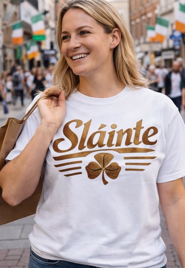 Smiling woman wearing a white Sláinte t-shirt with a gold shamrock while shopping in Dublin.