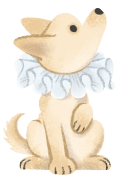 Ilustración de un perrito pequeño de color beige con un collar blanco con volantes sobre un fondo ne