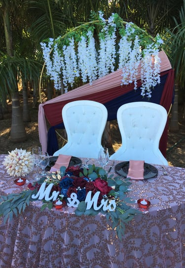 a table with a table cloth and chairs