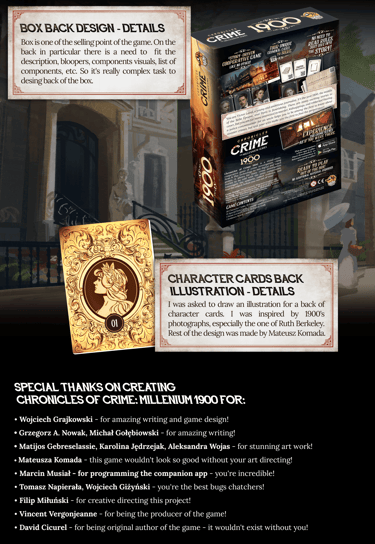 Back of the box design. I drawn character cards back illustration