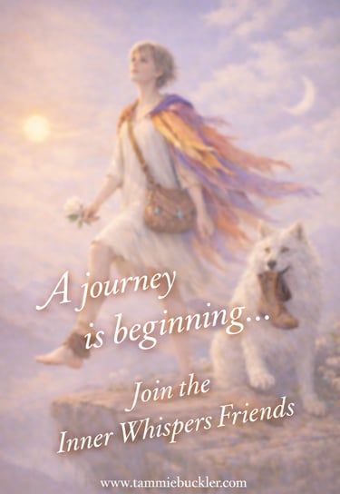 Fantasy art of a woman walking with a white wolf at sunrise, titled A journey is beginning.