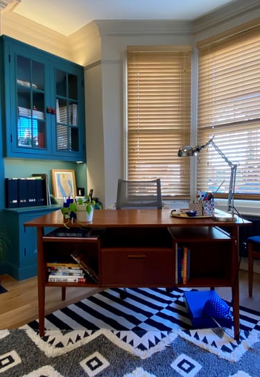 Home office with mid-century desk puchased from ebay