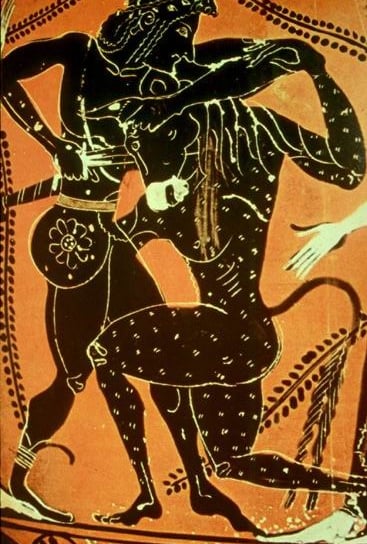 Theseus and the Minotaur on 6th-century black-figure pottery, Public Domain, commons.wikimedia.