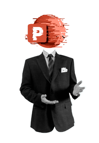 Ein Geschäftsmann, der das Powerpoint Logo als Kopf hat - kunstvoll