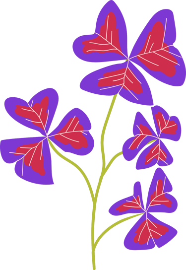 Stylized art of a purple oxalis plant with 4 leaves with red centers on a green stem