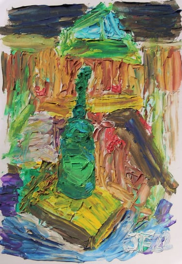 a painting of a bottle on a book