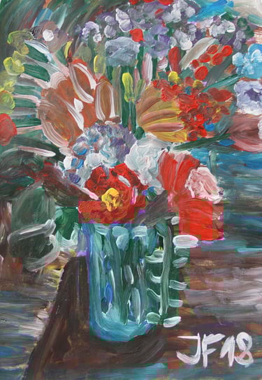 a still life painting of a vase with flowers on a table