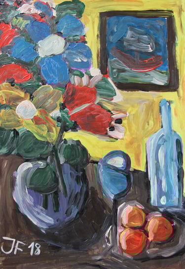 a still life painting of a vase with flowers, fruits and a bottle