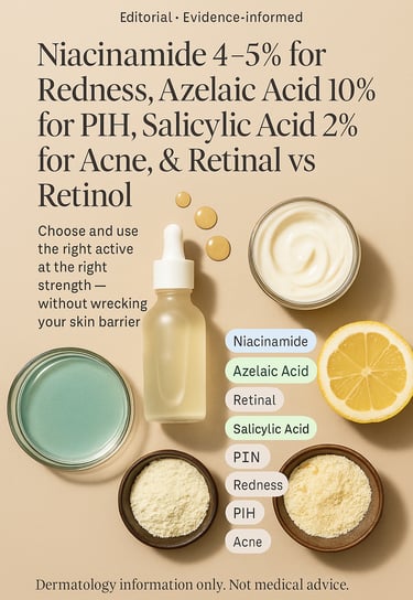 Editorial flatlay of skincare products and ingredients on a neutral background, conveying a luxurious scientific skincare 