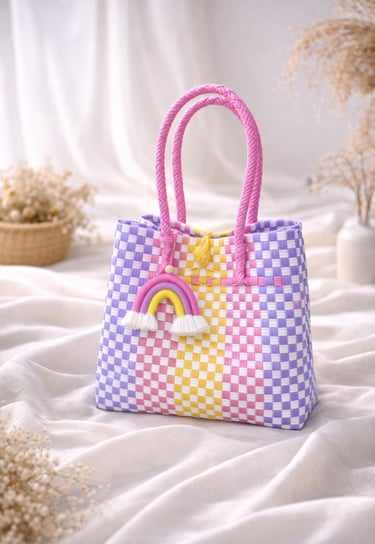 Handmade recycled plastic woven tote bag combination pastel checker pattern eco friendly women bag by Craftvitas Indonesia
