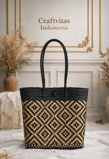Handwoven plastic tote bag with black and gold batik pattern, handmade Indonesian woven bag by Craftvitas Indonesia