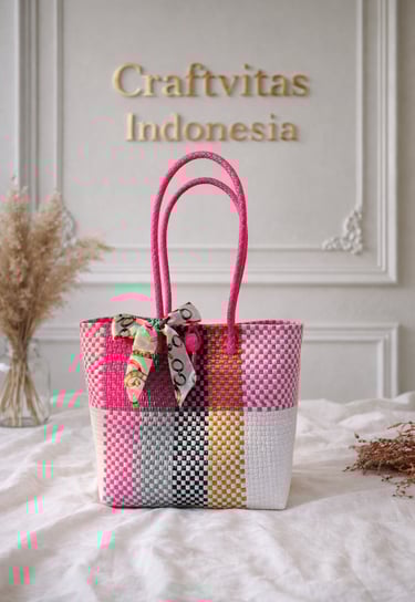 Rainbow color handwoven plastic tote bag pink mix patchwork handmade by Craftvitas Indonesia