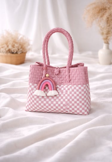Handmade recycled plastic woven bag dusty pink combination eco friendly tote for women Craftvitas Indonesia