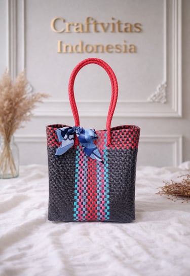 Rainbow black red blue striped handwoven plastic tote bag handmade Craftvitas Indonesia