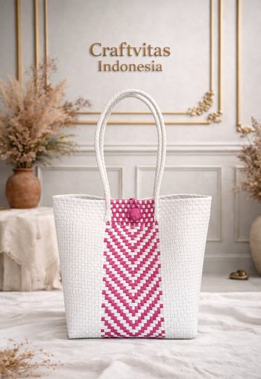 Handwoven plastic tote bag with Indonesian batik chevron pattern in white and pink, eco friendly handmade handbag