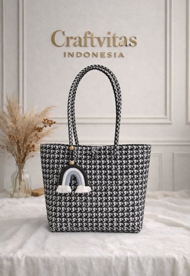 Black and white woven plastic tote bag Sekar series handmade recycled artisan bag Indonesia