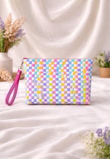Colorful pastel handwoven plastic clutch bag checkered pattern handmade Indonesian craft