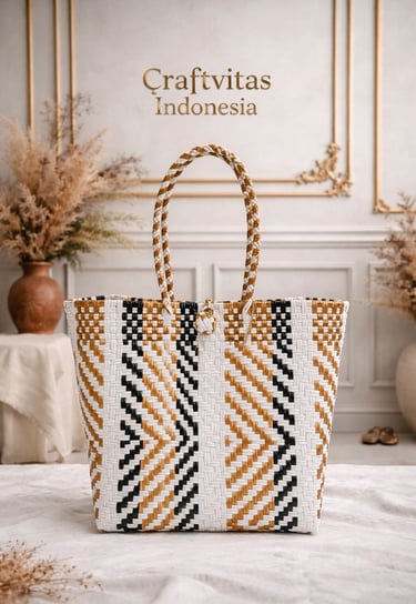 Eco friendly handwoven plastic tote bag with Indonesian batik zigzag pattern in white brown and black