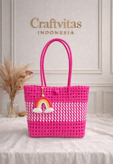 Pink combination woven plastic tote bag Sekar series handmade eco friendly artisan bag