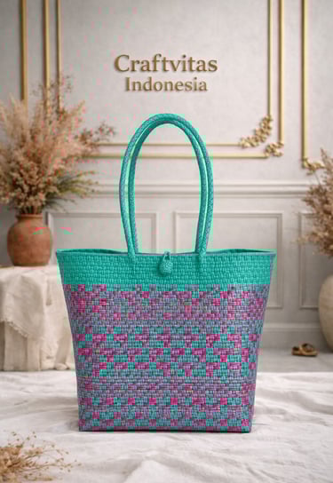 Handwoven plastic tote bag with Indonesian ethnic batik pattern in teal and pink, eco friendly handbag
