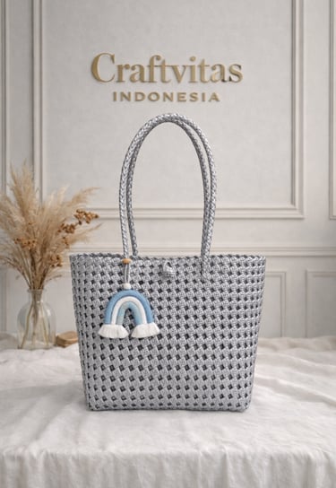 Light gray woven plastic tote bag Sekar series handmade sustainable artisan bag