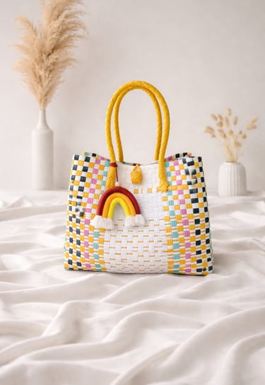 Handmade woven plastic tote bag bright multicolor panel design recycled plastic