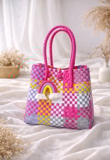 Handmade recycled plastic woven bag pink multicolor combination eco friendly fashion tote by Craftvitas Indonesia