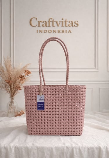 Handmade woven plastic tote bag Sekar series dusty pink color, recycled plastic artisan bag Craftvitas Indonesia