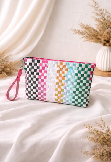 Handmade multicolor pastel woven plastic clutch bag eco friendly by Craftvitas Indonesia
