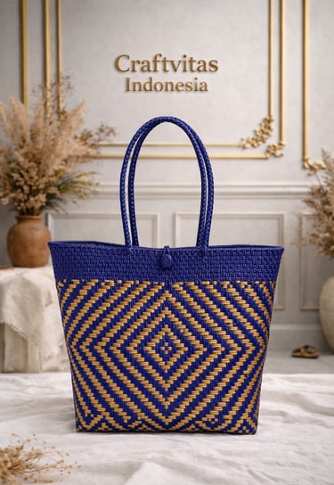 Handmade batik plastic woven tote bag in navy blue and brown diamond pattern, eco friendly Indonesian craft by Craftvitas