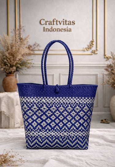 Handmade batik plastic woven tote bag with blue and white geometric pattern, Indonesian handmade bag by Craftvitas