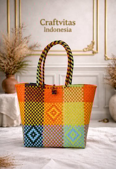 Handmade multicolor batik plastic woven tote bag with patchwork pattern, eco friendly artisan bag from Craftvitas Indonesia