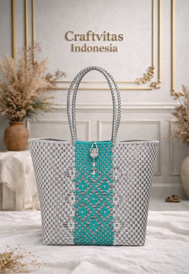 Handmade batik plastic woven tote bag in grey and turquoise minimalist pattern, sustainable Indonesian tote bag by Craftvitas