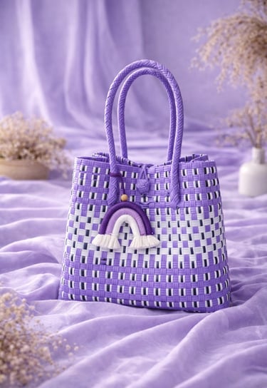 Handmade recycled plastic woven tote bag lavender purple combination sustainable women handbag Craftvitas Indonesia