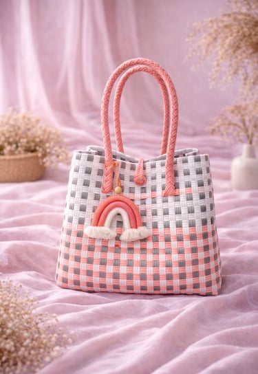 Handmade recycled plastic woven bag grey pink combination eco friendly tote handbag by Craftvitas Indonesia