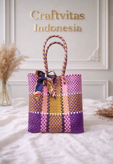 Ethnic rainbow handwoven plastic tote bag brown red color handmade by Craftvitas Indonesia