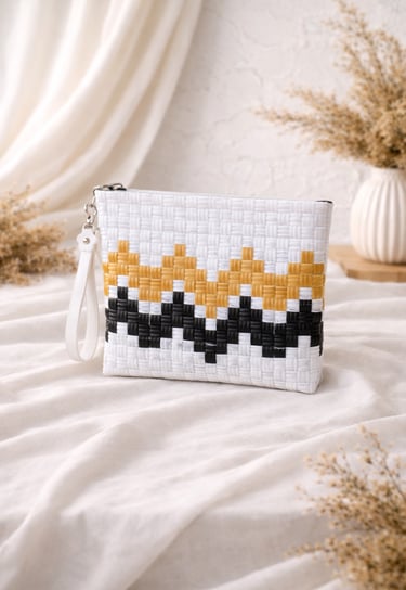 White black yellow patterned woven plastic clutch bag handmade eco craft