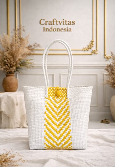 White and yellow handwoven plastic tote bag with chevron batik pattern, handmade Indonesian bag