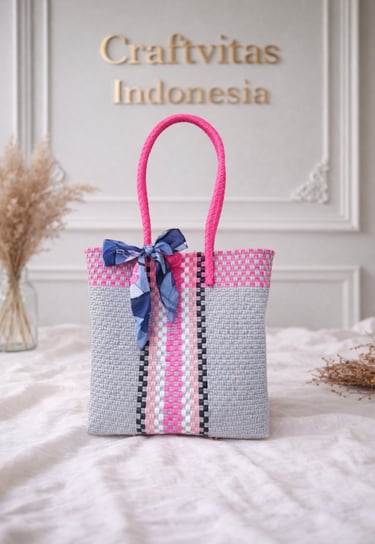 Rainbow grey pink striped handwoven plastic tote bag handmade by Craftvitas Indonesia