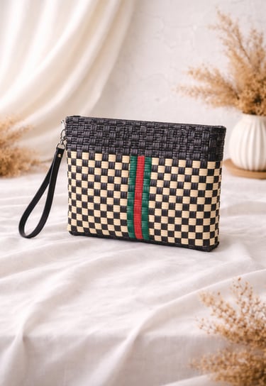 Handmade woven plastic clutch bag black and cream with green red stripe detail