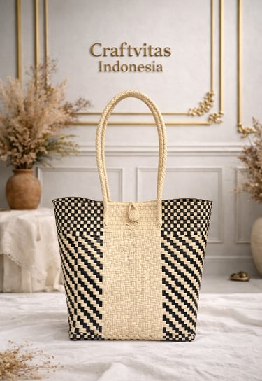 Cream and black handwoven plastic tote bag with diagonal batik pattern, Indonesian handmade woven bag