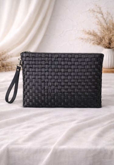Solid black woven plastic clutch bag handmade minimalist style