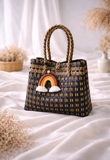 Premium handmade recycled plastic woven tote bag black gold strip combination fashion eco bag Craftvitas Indonesia