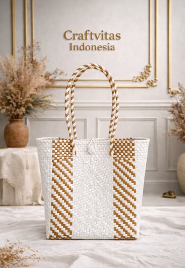 White and brown handwoven plastic tote bag with diagonal batik pattern, handmade in Indonesia