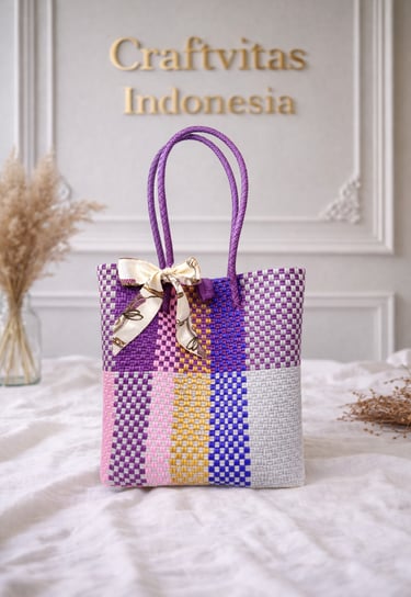 Rainbow multicolor panel woven plastic bag purple tone handmade Craftvitas Indonesia