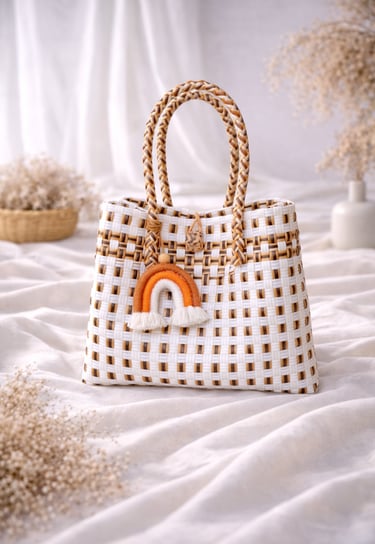 Handmade recycled plastic woven bag white gold strip combination eco friendly women tote Craftvitas Indonesia