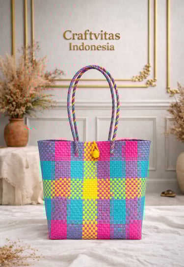 Multicolor handwoven plastic tote bag with checkered batik pattern, Indonesian handmade woven bag