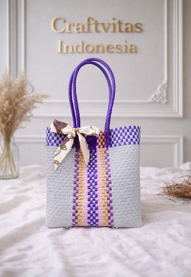 Rainbow multicolor panel woven plastic bag purple tone handmade Craftvitas Indonesia